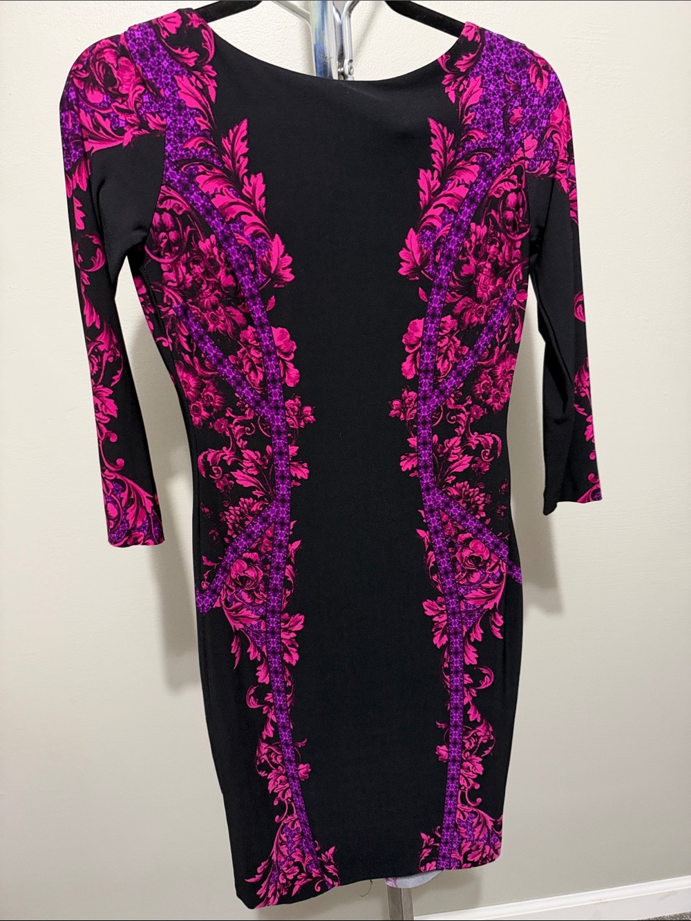 Cache Black Midi Dress with Pink & Purple Baroque Print